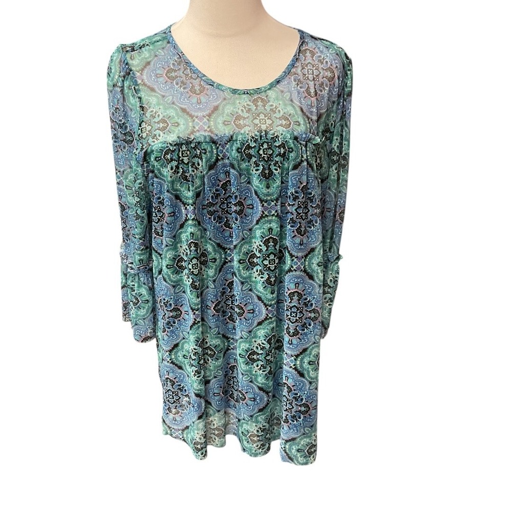 Zoey & Leelo Floral Print Sheer‎ Long Sleeve Scoop Neck Pullover Blouse Size 1X